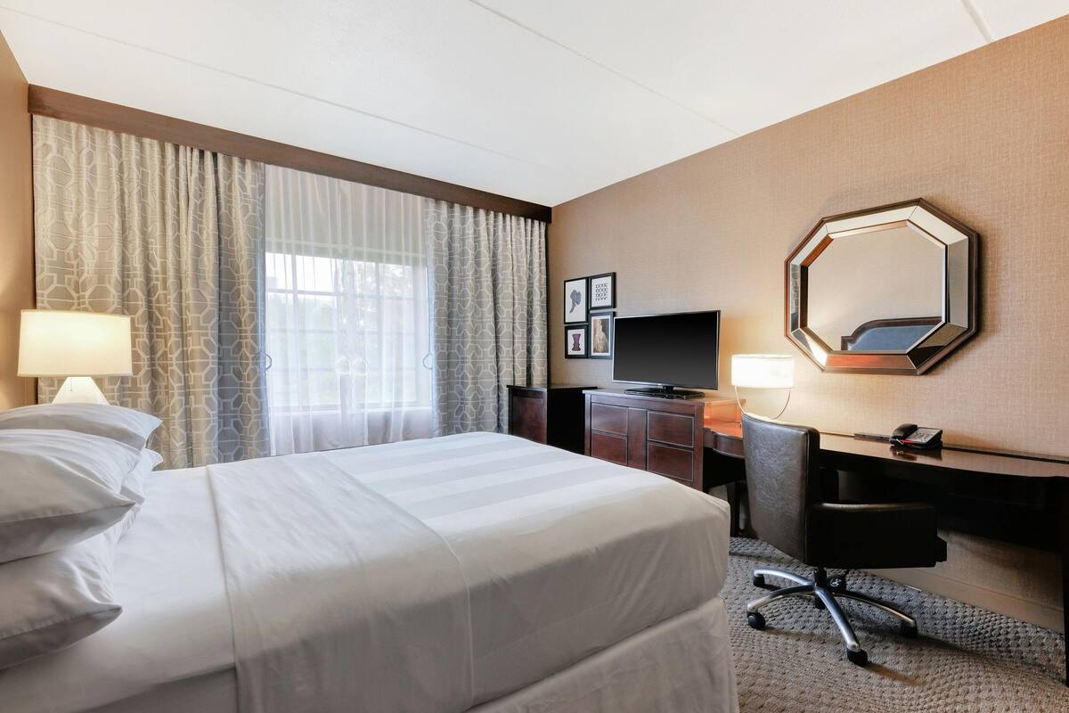 Une chambre d’hôtel avec un grand lit, un bureau, une chaise, une télévision et un miroir.