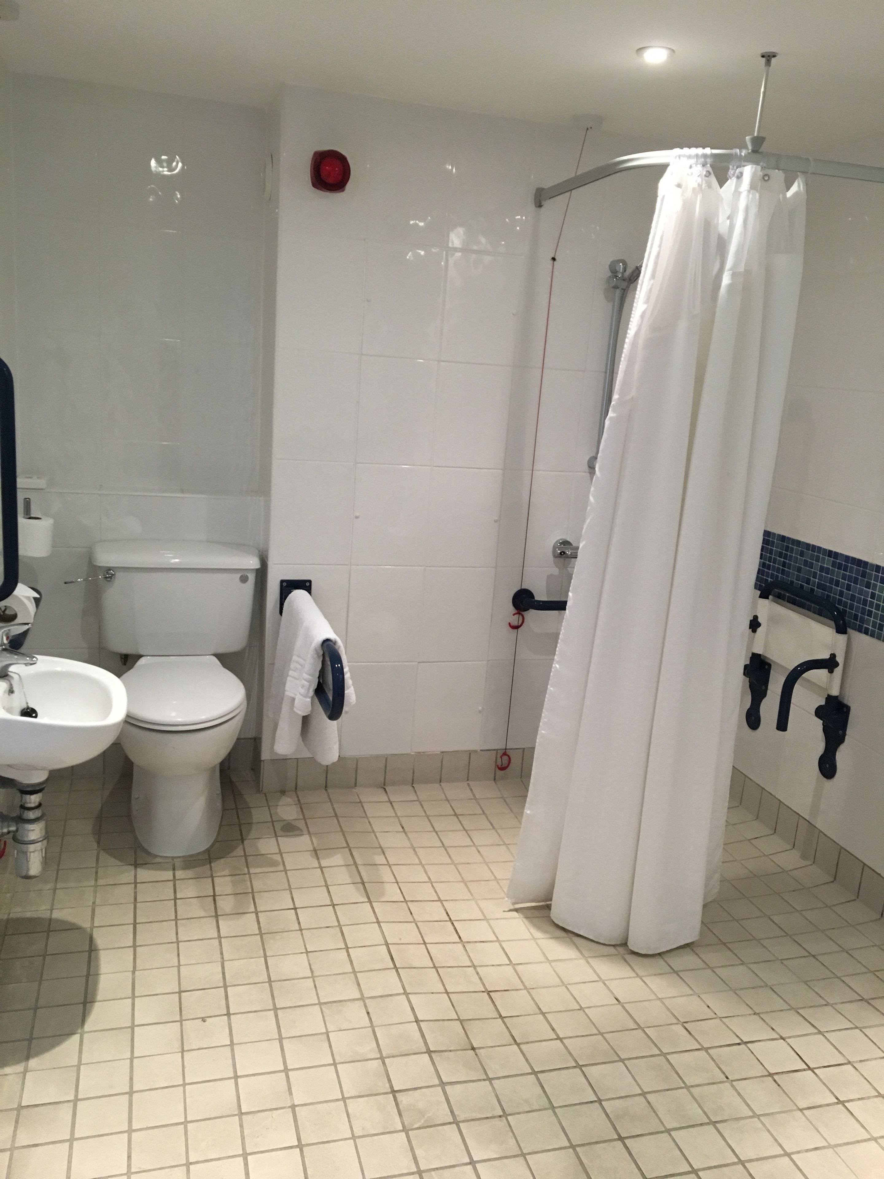 A bathroom with a toilet, sink, and shower area.