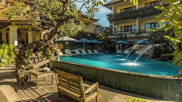 2 outdoor pools, open 9:00 AM to 7:30 PM, pool umbrellas, pool loungers