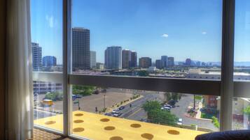 Desk, blackout drapes, iron/ironing board, free wired internet