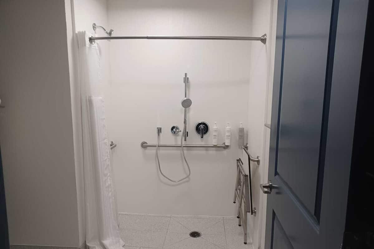A small, enclosed shower area with a grab bar, a showerhead, and a handheld shower attachment.