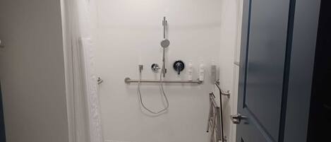 A small, enclosed shower area with a grab bar, a showerhead, and a handheld shower attachment.