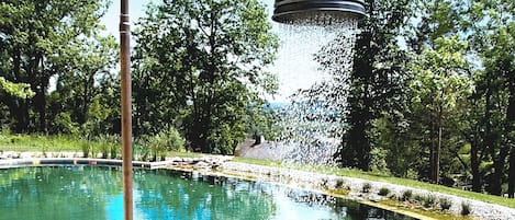 Piscine extérieure, piscine naturelle, chaises longues