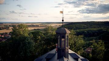 A tower with a flag on top, surrounded by trees and a view of the countryside.