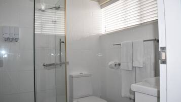 Un baño con ducha de vidrio, inodoro y lavamanos con barra para toallas.