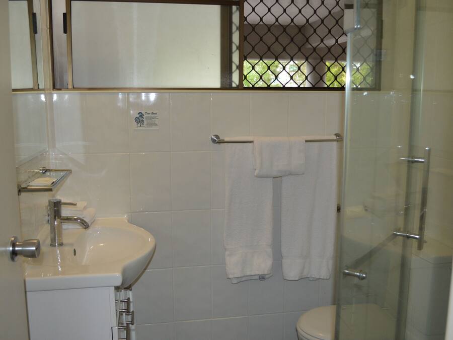 Un baño con lavamanos, inodoro y ducha envuelta en vidrio.
