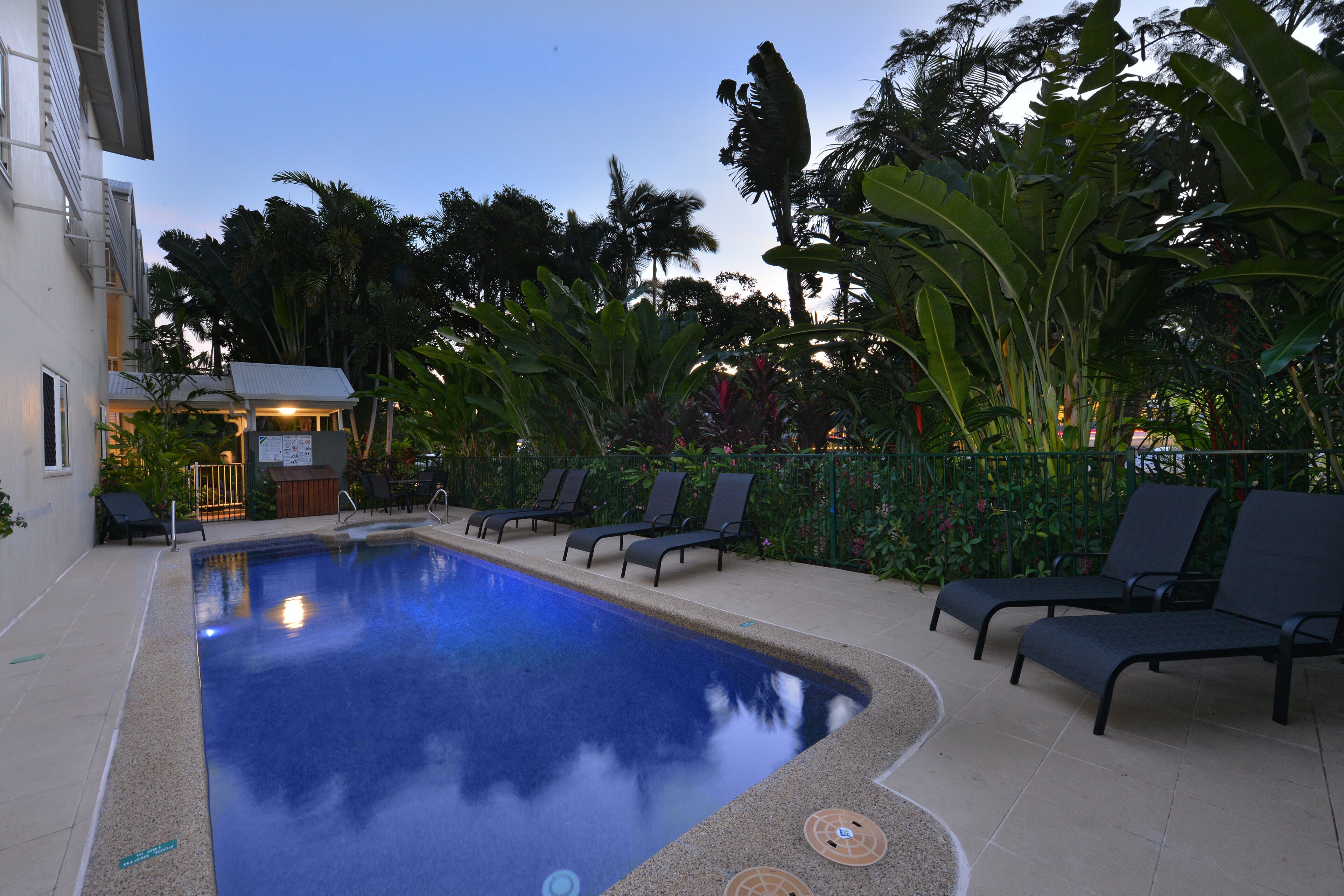 Una piscina con lettini e vegetazione tropicale.