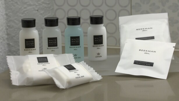 A selection of skincare products from the Beekman White Water Collection, including a facial bar, lotion, and a remover wipe. - Country Inn & Suites by Radisson, Augusta at I-20, GA (Augusta)