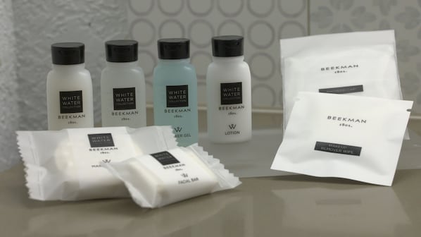 A selection of skincare products from the Beekman White Water Collection, including a facial bar, lotion, and a remover wipe. - Country Inn & Suites by Radisson, Augusta at I-20, GA (Augusta)