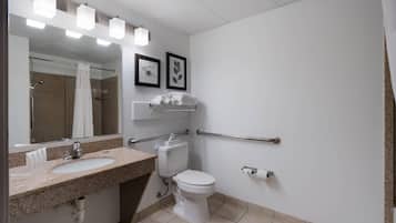 A modern bathroom with a sink, mirror, toilet, and shower.