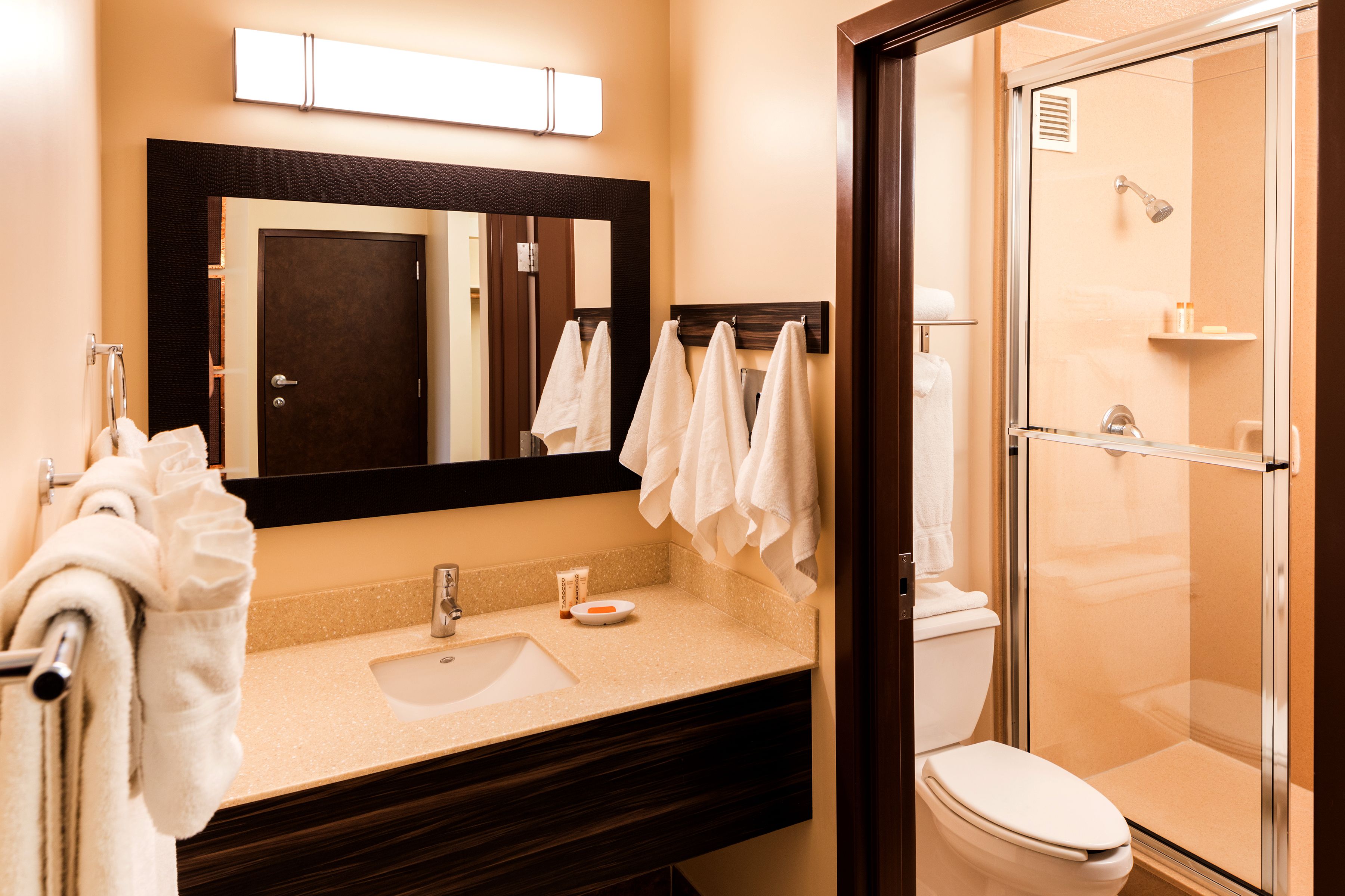 shower, free toiletries, hair dryer, towels