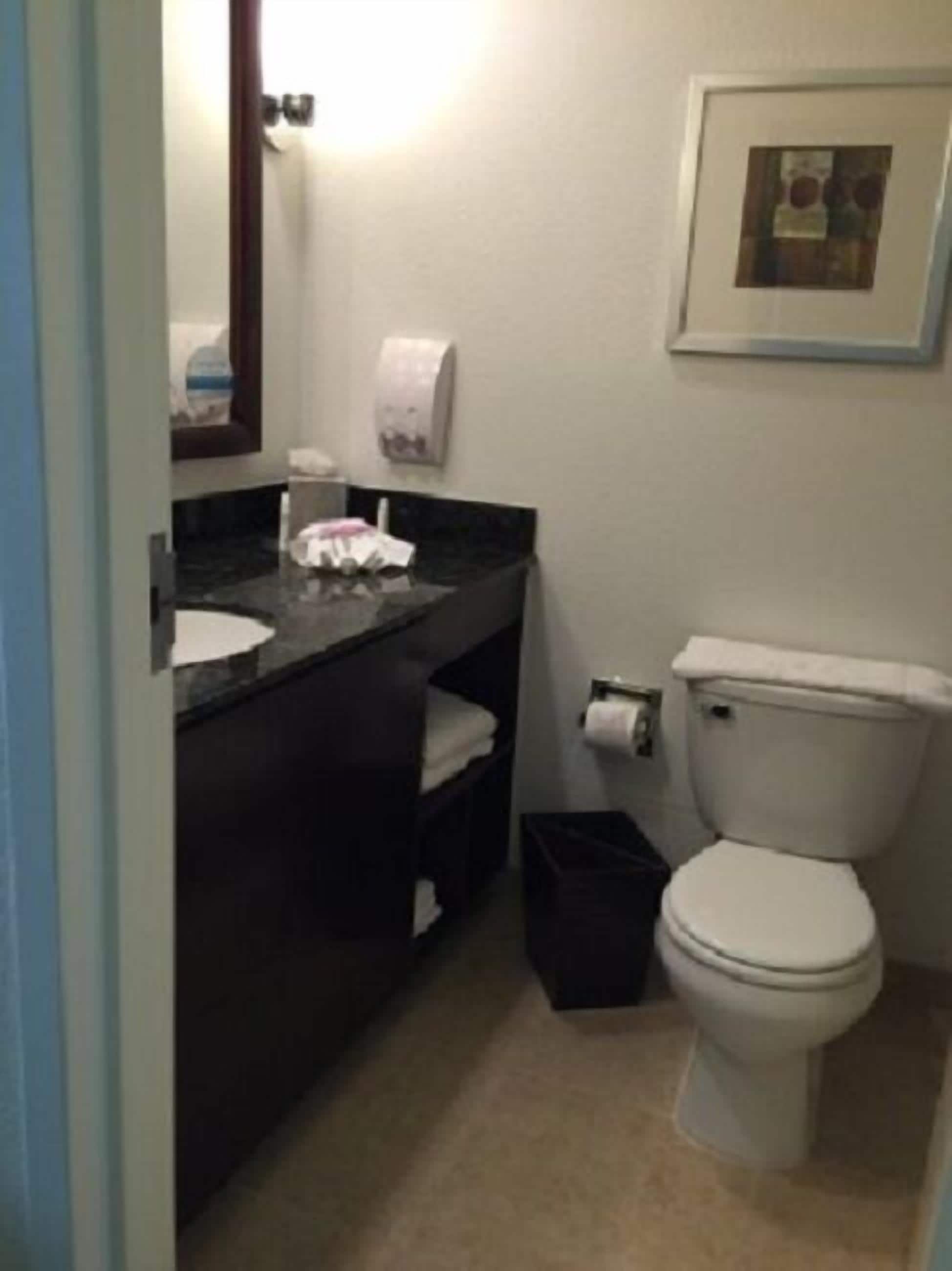 Un baño pequeño y funcional con encimera oscura, inodoro blanco y un rollo de papel higiénico.