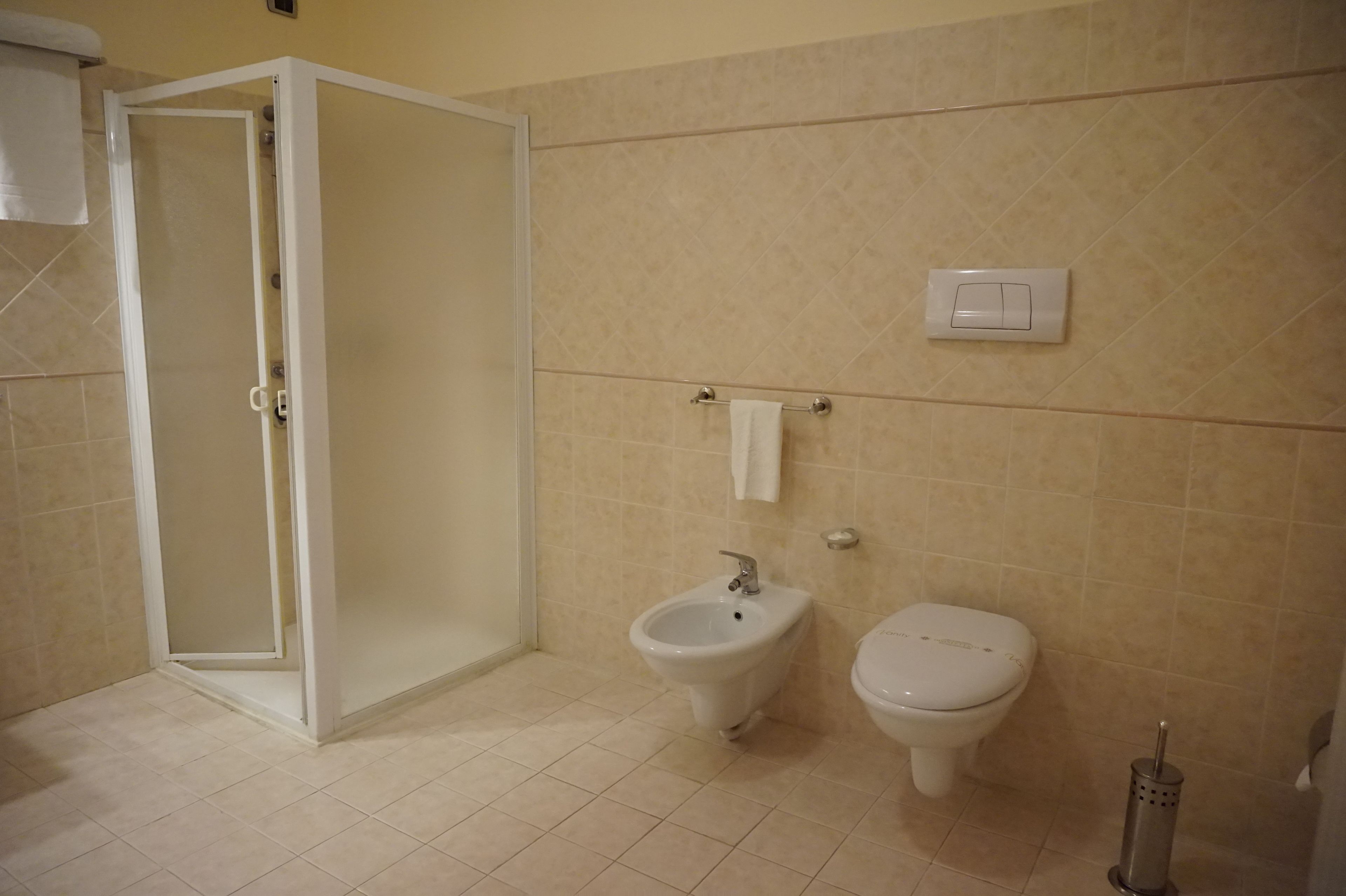 A bathroom with a shower, bidet, toilet, and a towel rack.