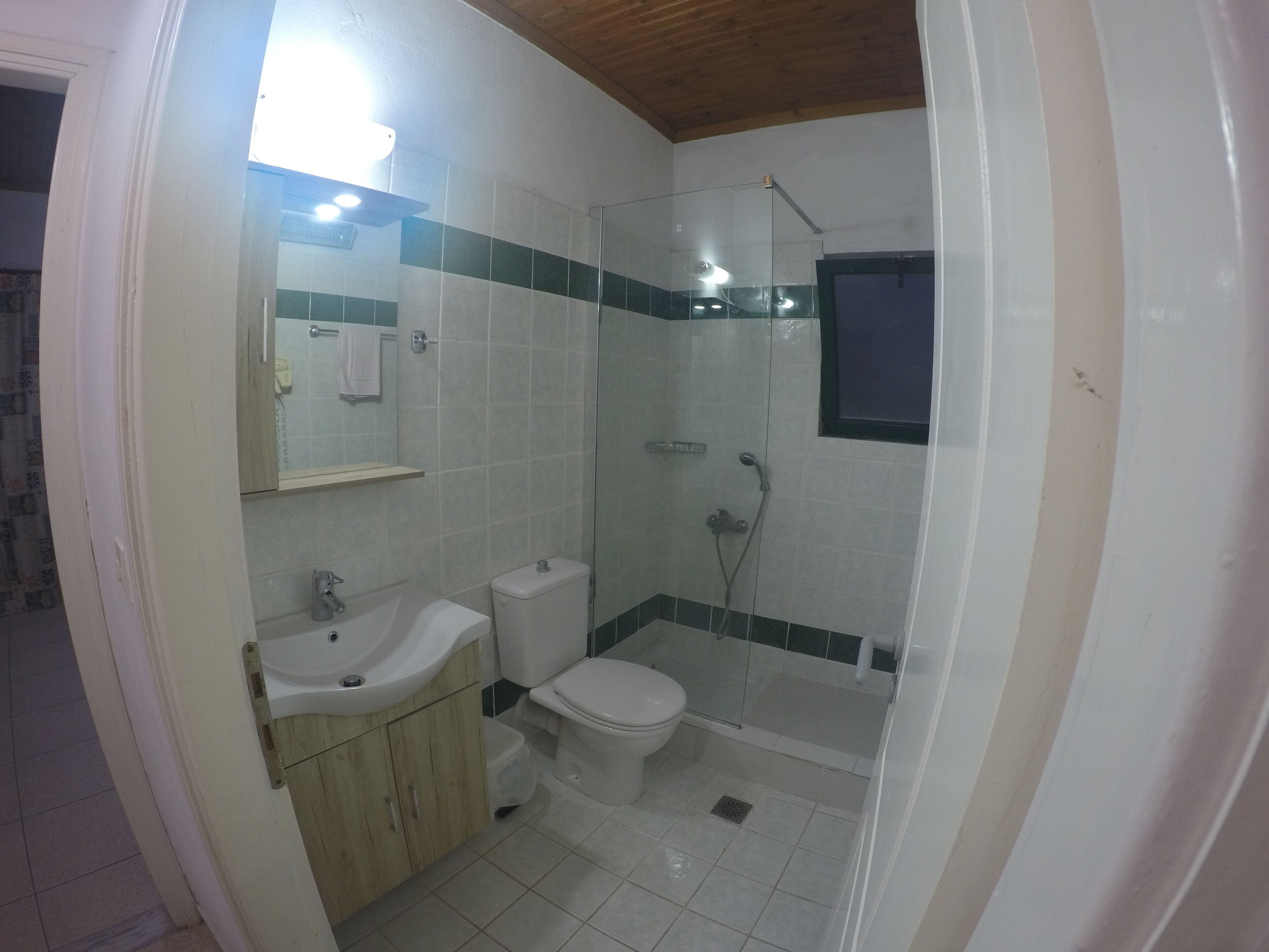 Een badkamer met toilet, wastafel en douche.