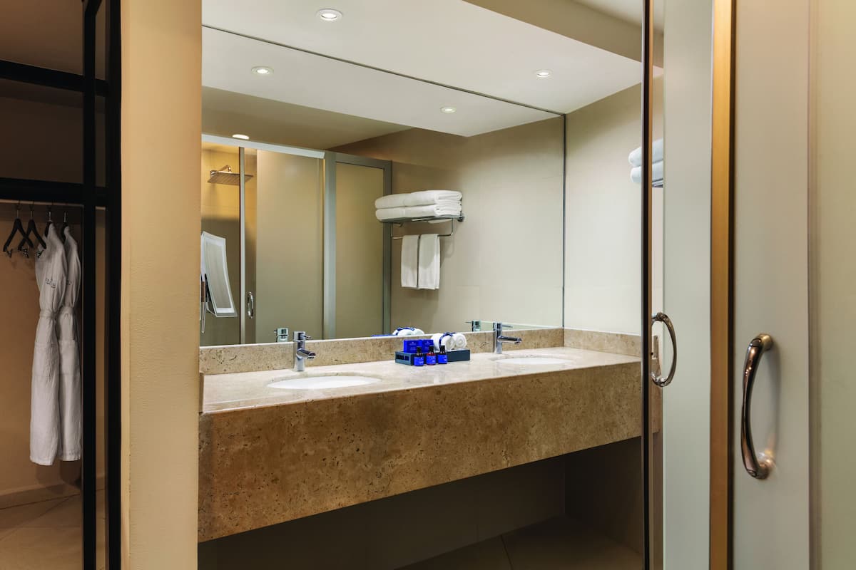 A modern bathroom with two sinks, a large mirror, and a towel rack.