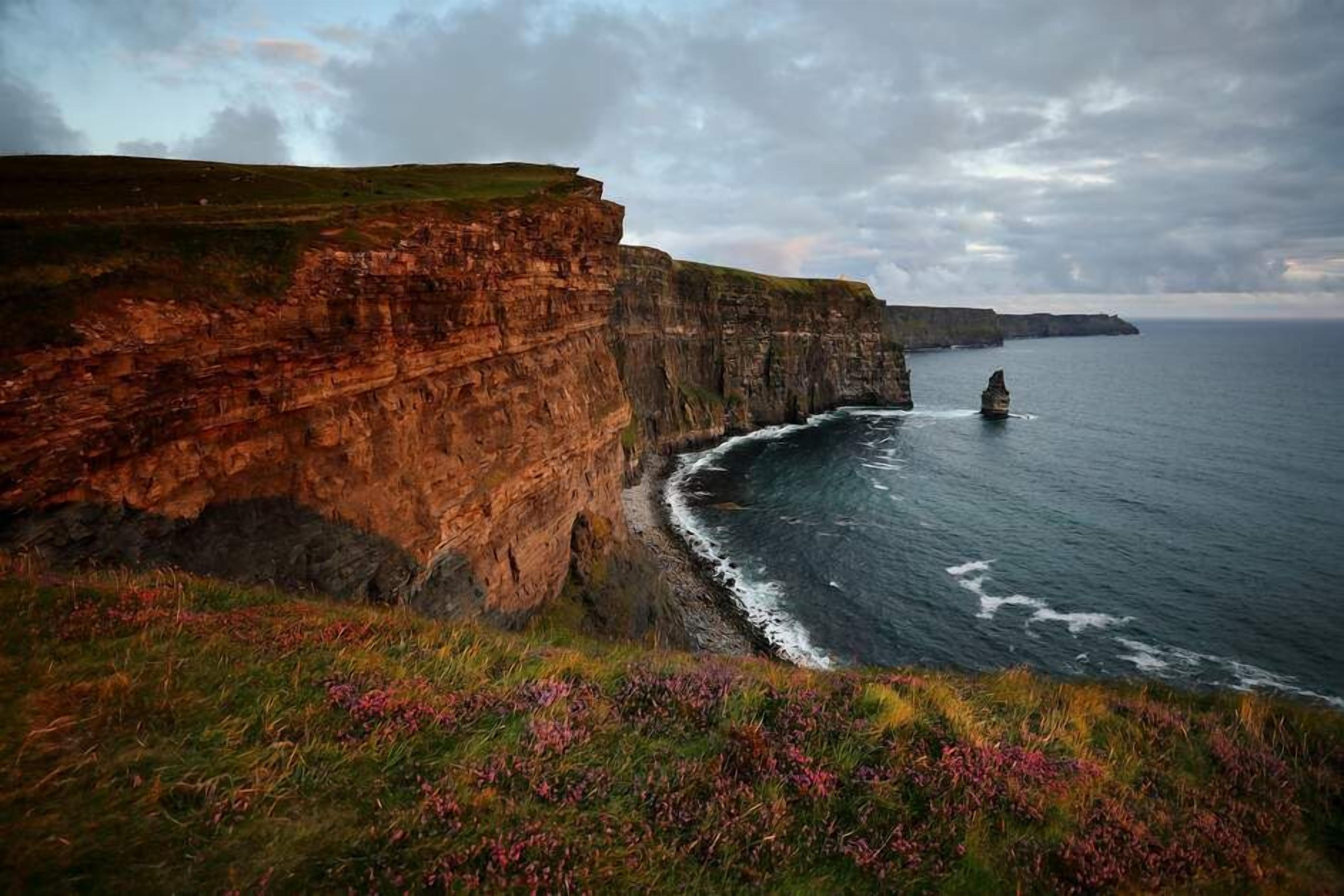 A coastal cliff with a rugged coastline and a view of the ocean.