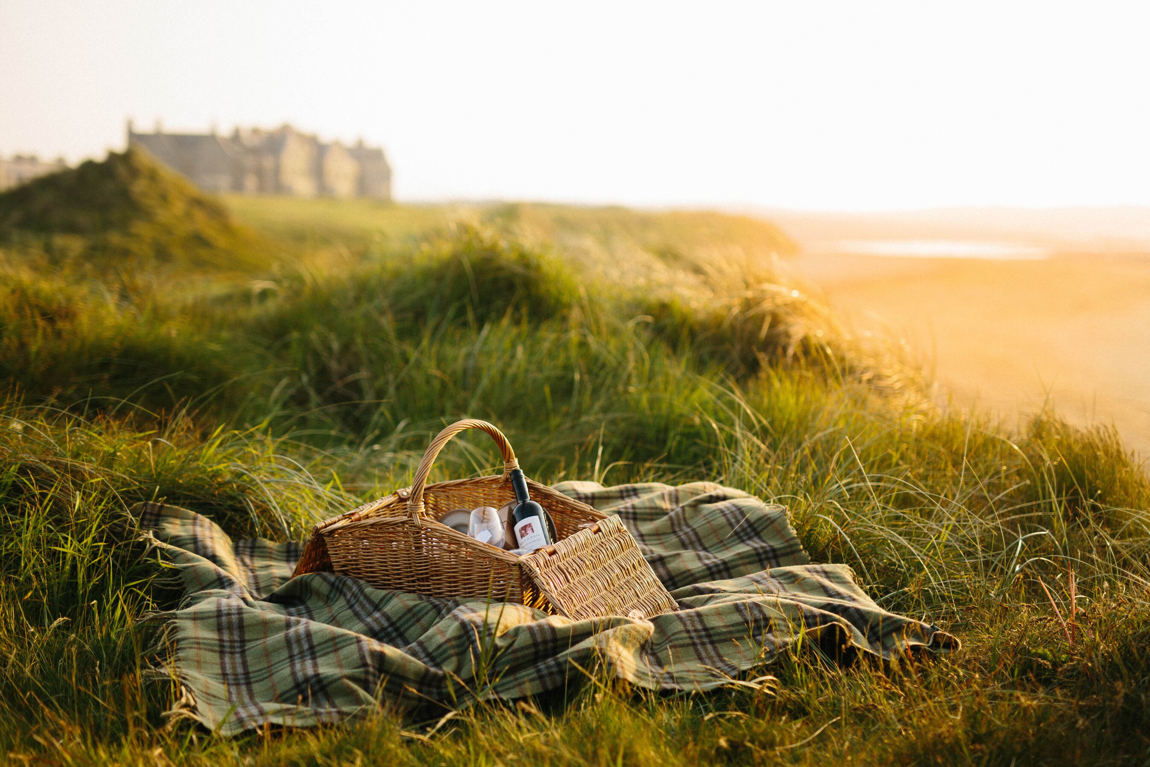 A picnic setup with a basket on a plaid blanket in a grassy field with a castle in the background.