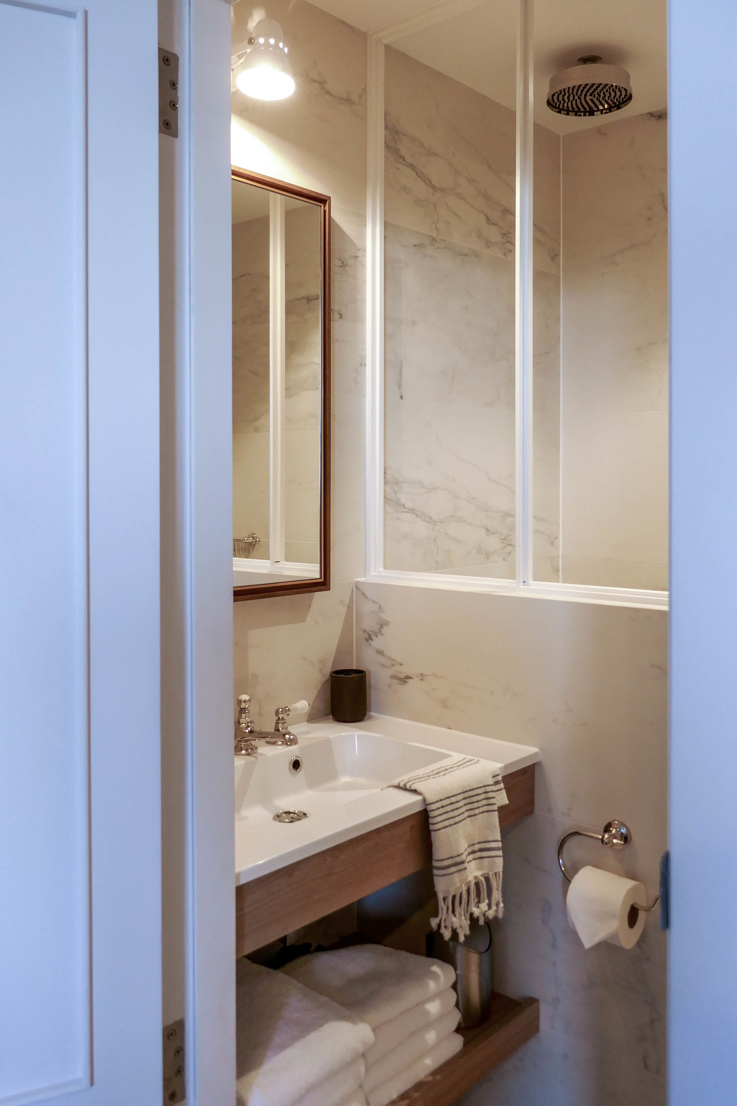 shower, rainfall showerhead, designer toiletries, hair dryer