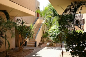 Une cour intérieure avec un escalier, entourée de palmiers et de plantes en pot.