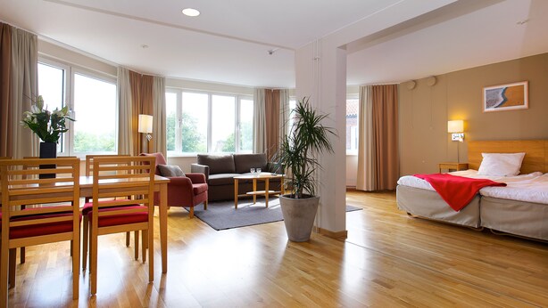 Une chambre d’hôtel avec un plancher en bois, un lit, un canapé, une table à manger avec des chaises et une grande plante en pot.