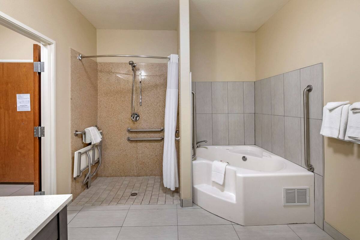 combined shower/bathtub, free toiletries, hair dryer, towels