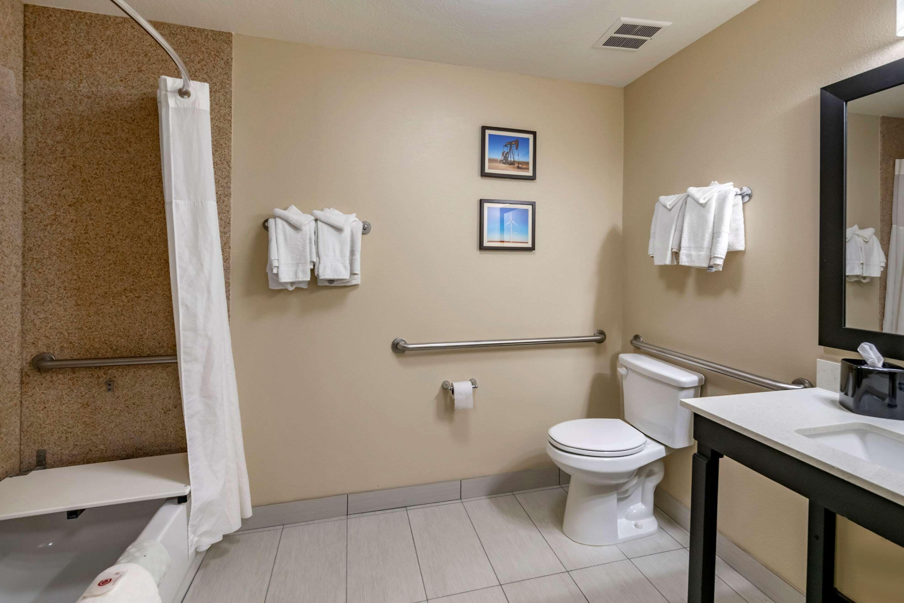 combined shower/bathtub, free toiletries, hair dryer, towels