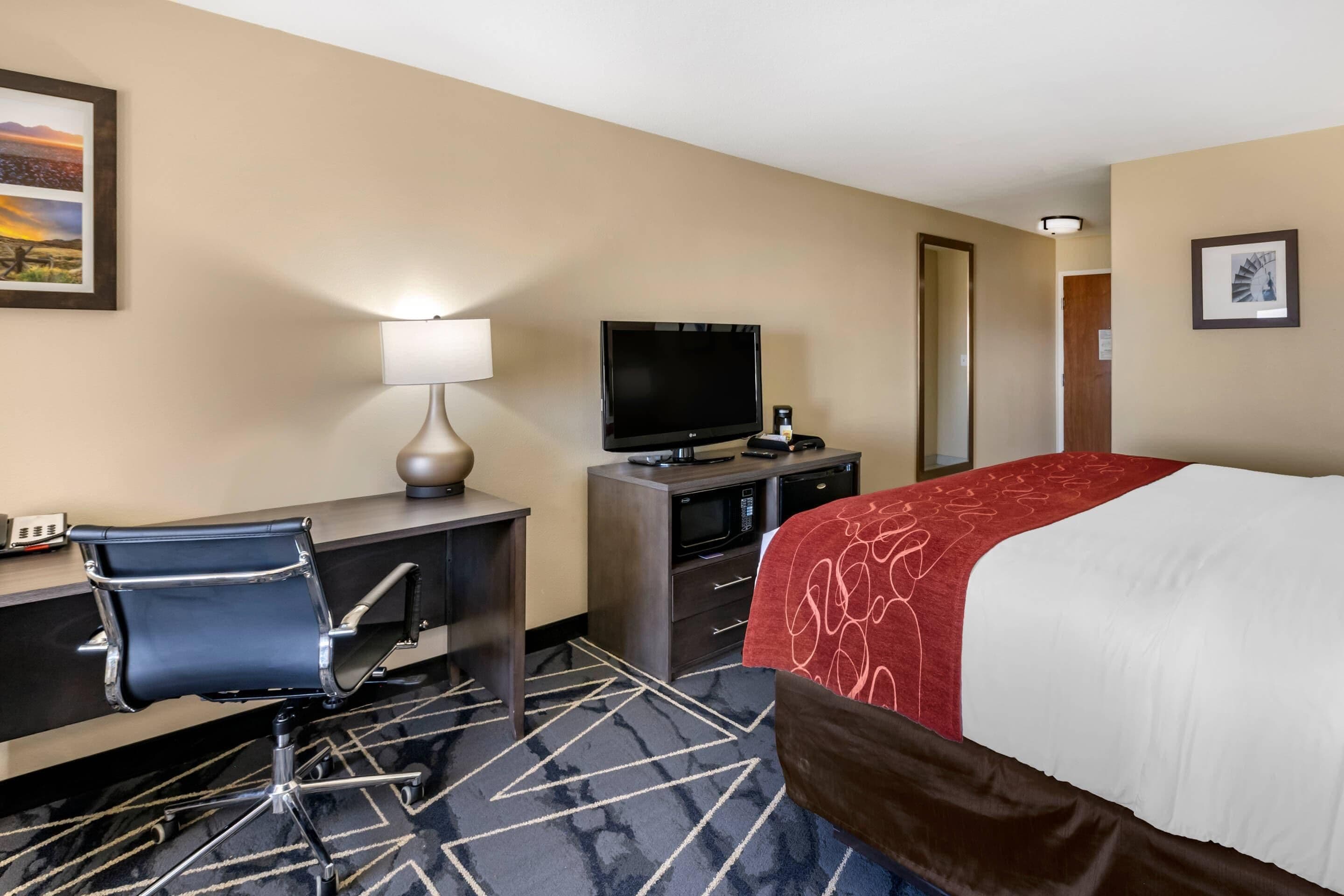 A hotel room with a bed, desk, chair, television, and a lamp.