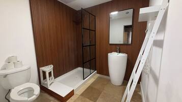 A bathroom with a toilet, a sink, a shower, and a mirror.