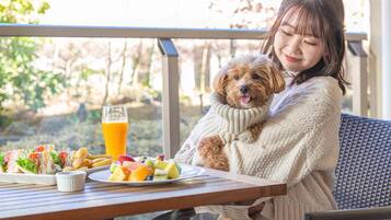 A person sitting at a table with a meal and a drink, holding a small dog.