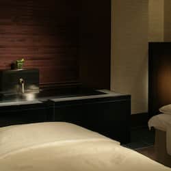Bathroom features a dark vanity, black sink, and mirror, with a plant on top.