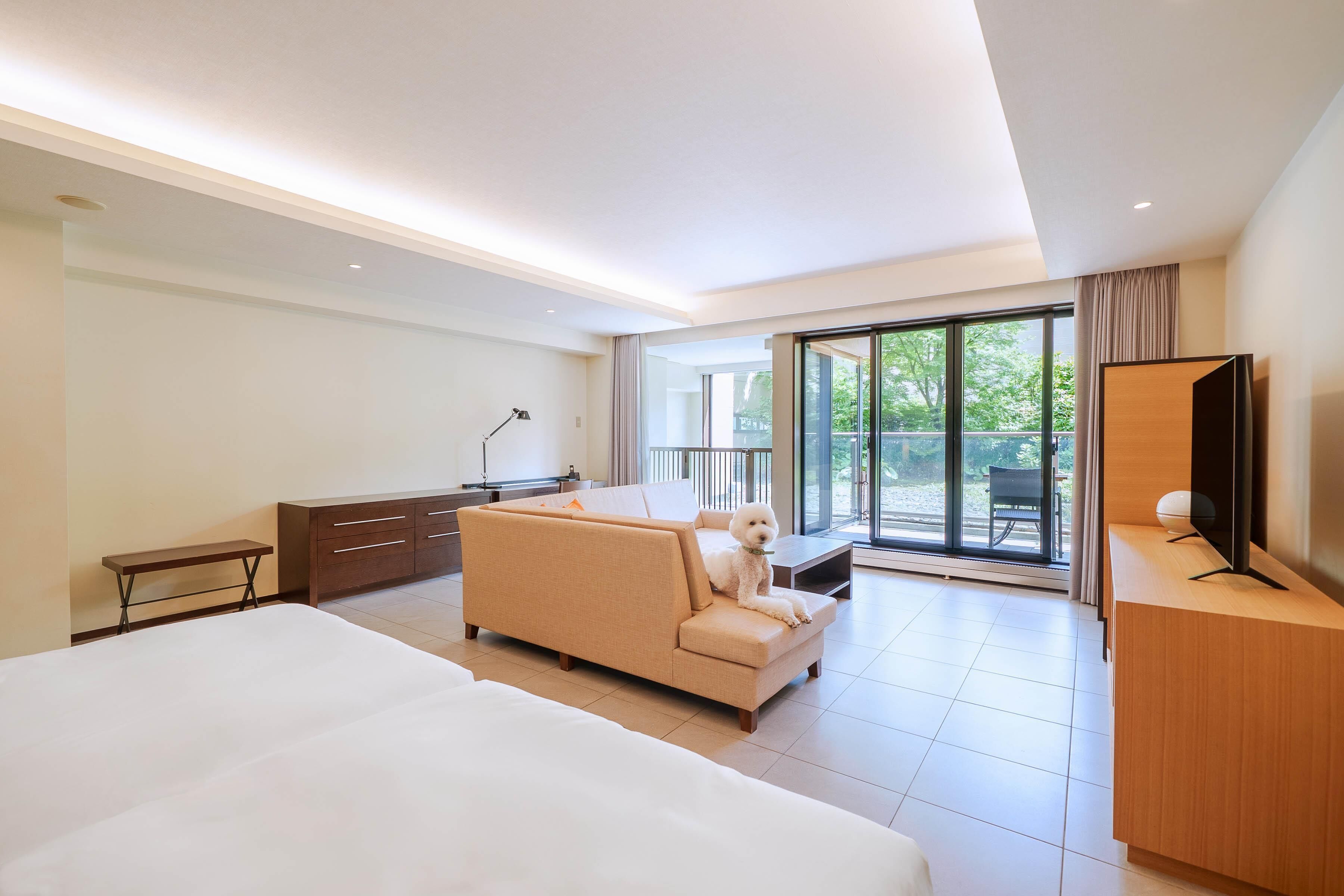 A modern hotel room with a large bed, a sofa, a desk, and a TV.