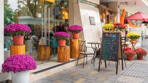 Un café avec une terrasse, un menu écrit à la craie et des plantes en pot.