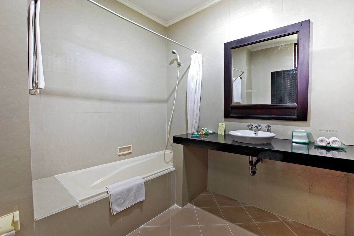 combined shower/bathtub, free toiletries, hair dryer, slippers