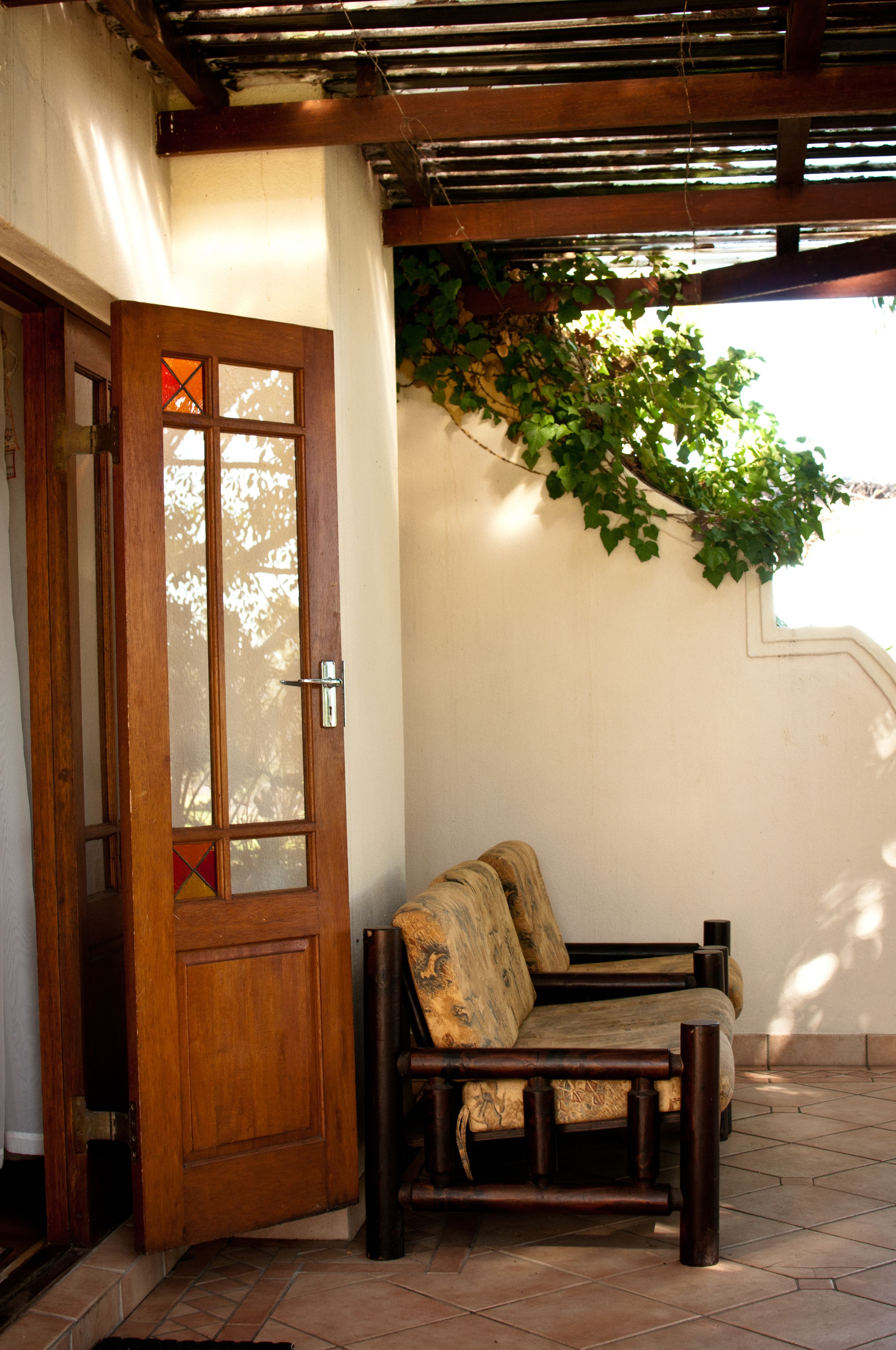 A wooden door with a glass panel, a bench with a cushion, and a wall with climbing plants.