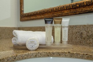 Combined shower/tub, free toiletries, hair dryer, towels