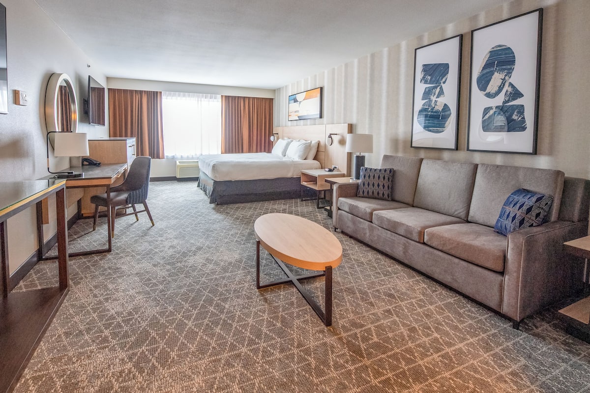 Une chambre d’hôtel avec un lit, un canapé, un bureau, une chaise et une petite table.