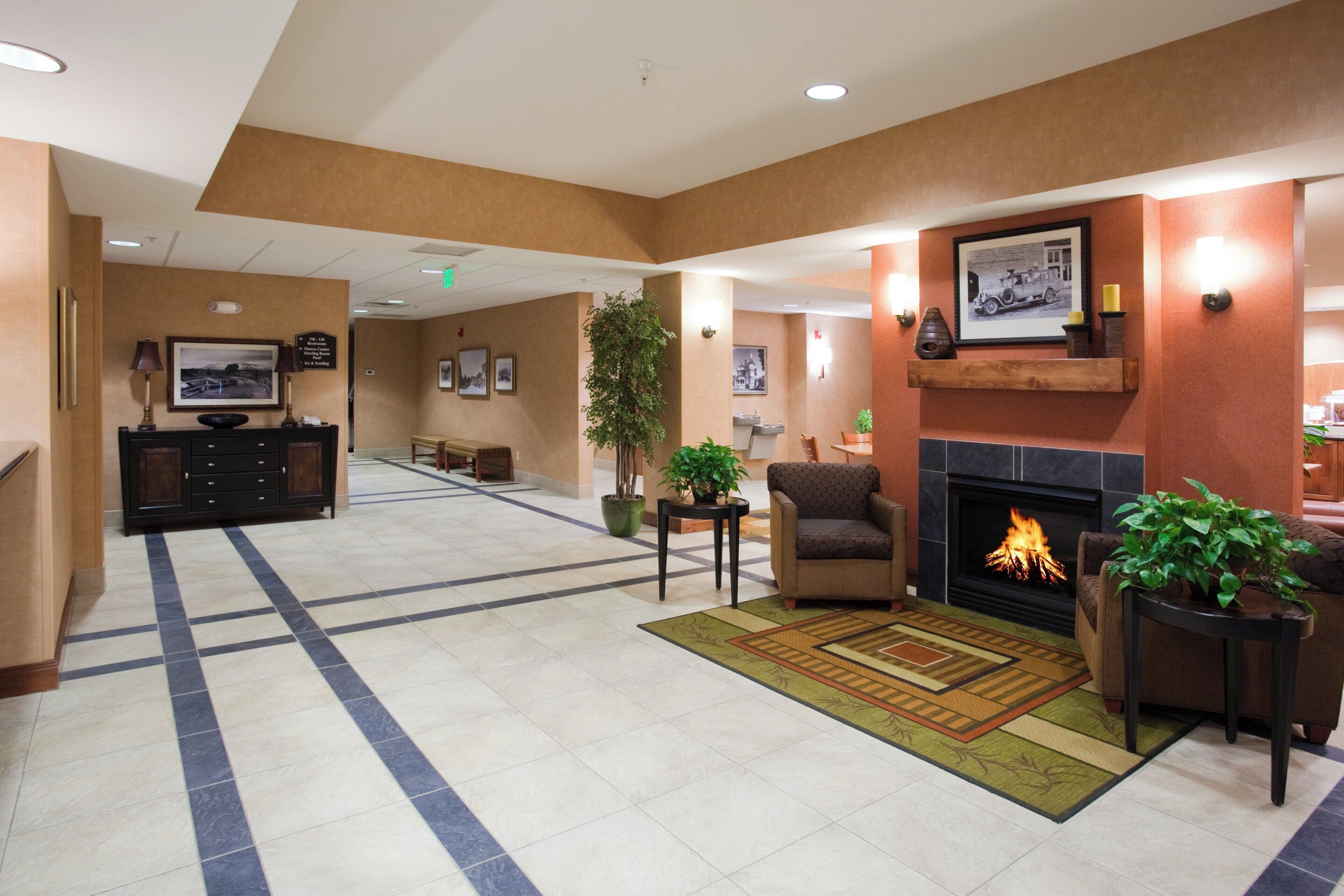 A hotel lobby with a reception desk, seating area, fireplace, and a large plant.