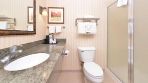 A bathroom with a granite sink, a toilet, a shower, and a framed picture on the wall. - Holiday Inn Express Rawlins by IHG (Rawlins)