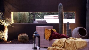 Un espacio exterior moderno con asientos, un sofá acolchado, un farol y diversos cactus.