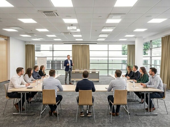 A conference room with a presentation setup, including a podium, a screen, and a group of people seated at tables. - Spa Hotel Europa Royale Druskininkai (Druskininkai)