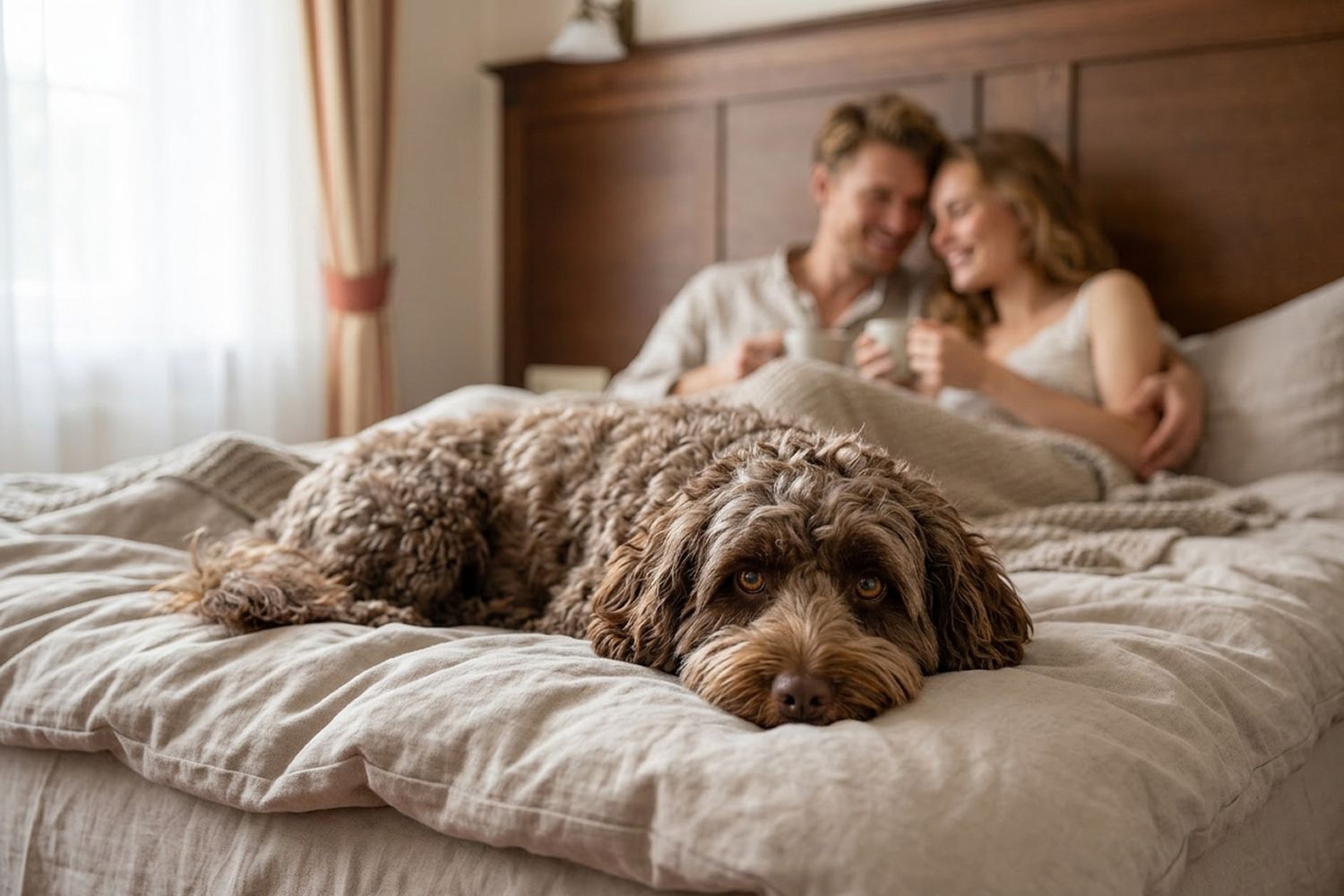 Een bed met een hond erin, een persoon zittend naast het bed, en nog een persoon achtergrond.