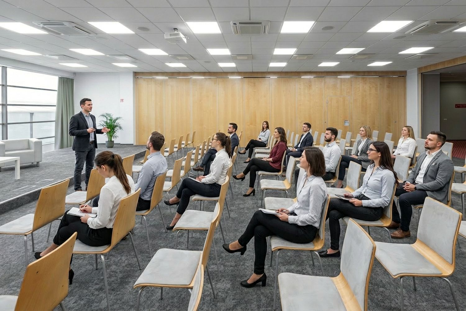 Ein Konferenzraum mit Reihen von Stühlen, die zu einem Redner an der Wand zeigen.
