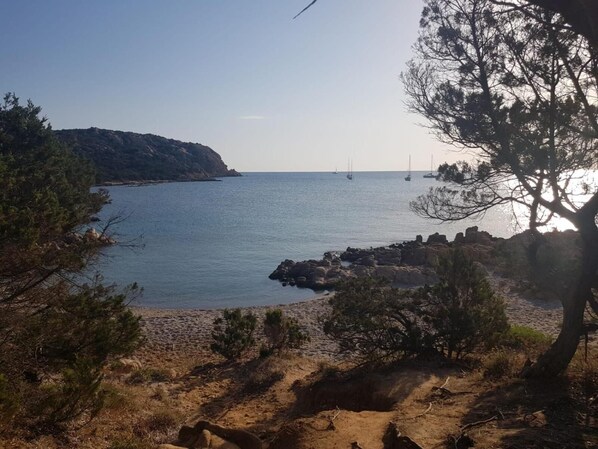 A coastal landscape with rocky terrain, sparse vegetation, and a calm sea with sailboats. - Hotel Valdiola (Arzachena)