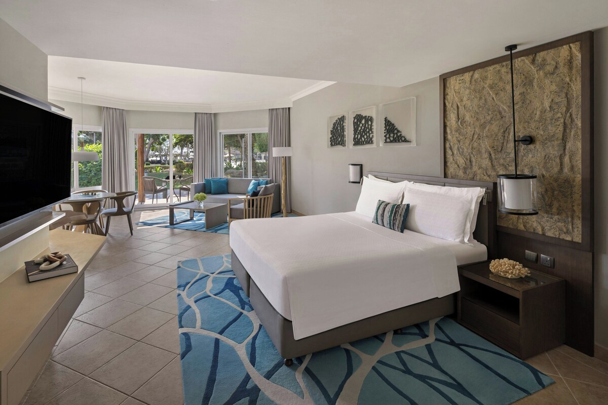 Habitación de hotel con una cama grande, escritorio, televisor y vistas al exterior.