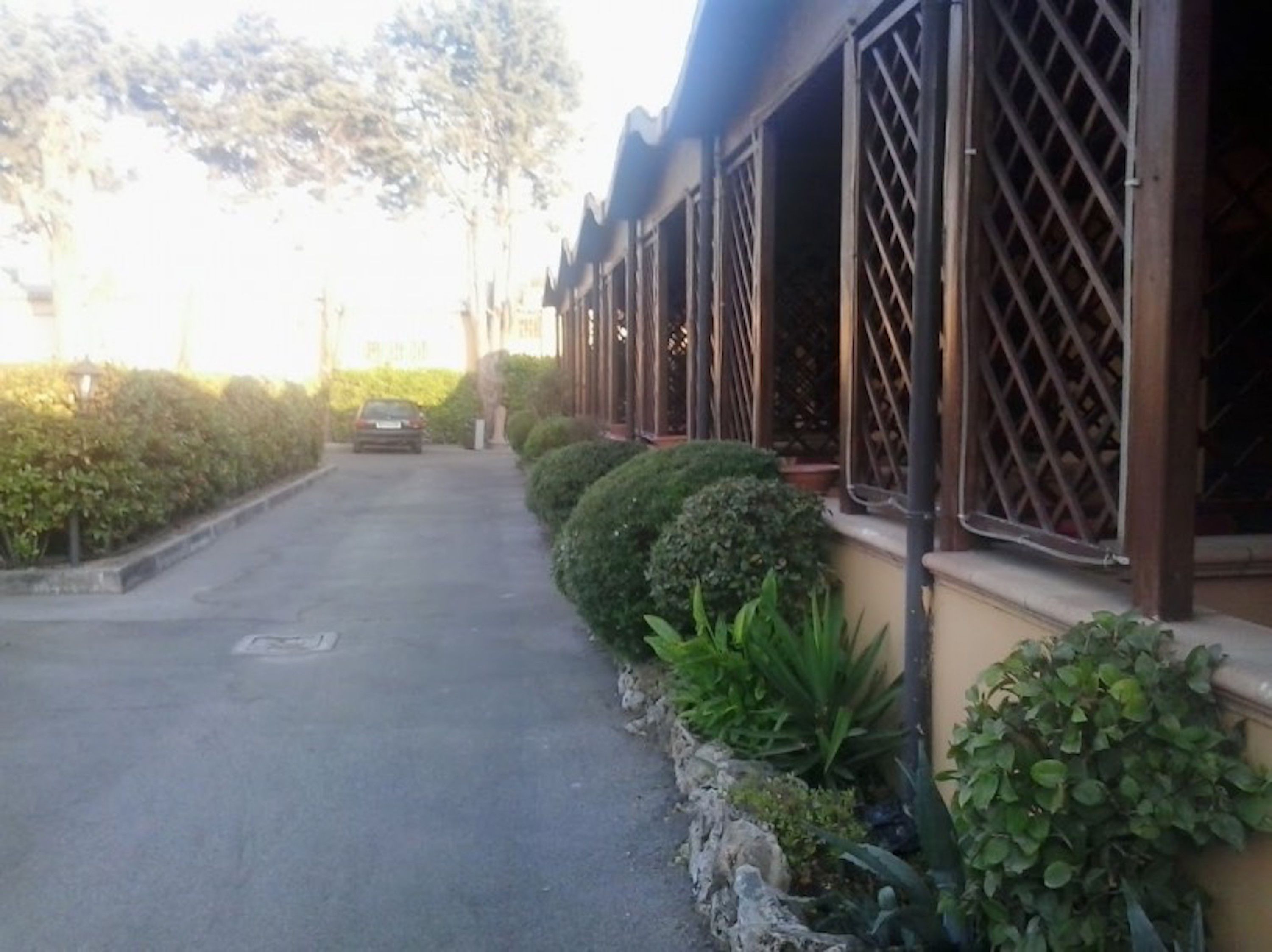A narrow street with a parked car, a building with lattice windows, and neatly trimmed hedges.