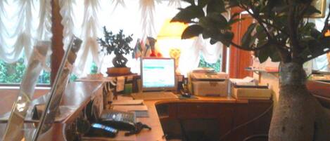 A home office with a desk, computer, printer, and a large potted plant.