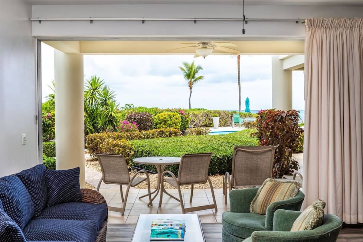 A room with a view of a landscaped garden, a pool, and a palm tree.