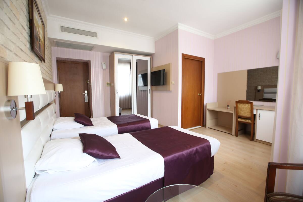 Una habitación de hotel con dos camas, televisión, escritorio y silla.