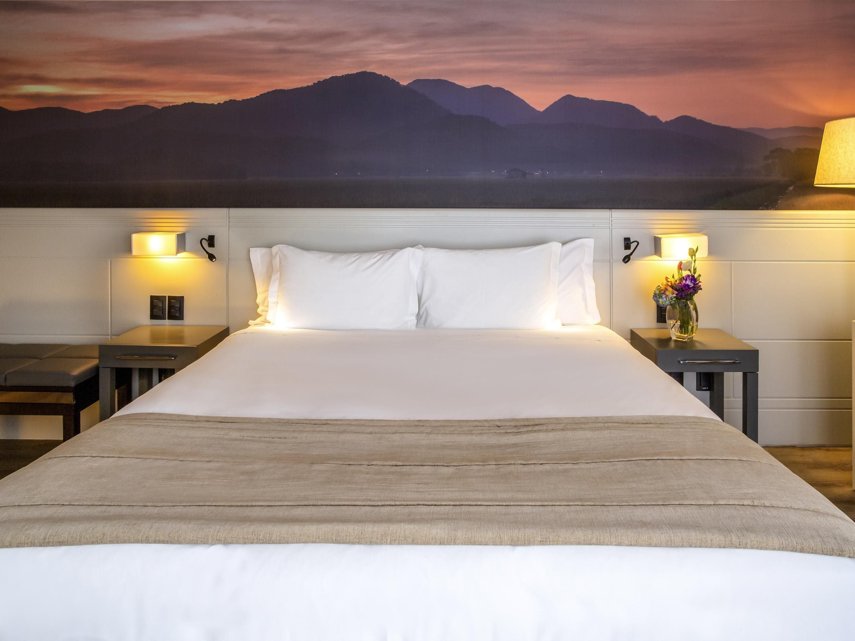 A hotel room with a large bed, two bedside tables, a nightstand with a vase of flowers, and a view of mountains at sunset.