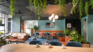 Un área de descanso moderna con una mesa larga, varias sillas y plantas colgantes.